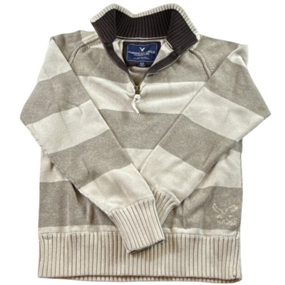American Eagle Quarter Zip Sweater Mens Medium Striped Tan Cream